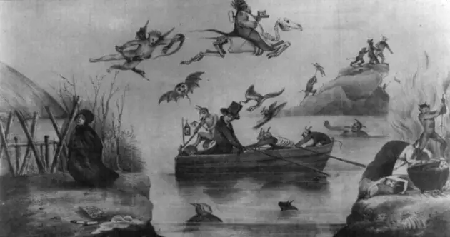 Newspaper cartoon depictiing Methodist minister Ephraim Avery being spirited across the river Styx to hell for the murder of Mill Girl Sarah Cornell.