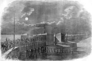 Union troops crossing the Long Bridge into Virginia following Virginia's Secession.
