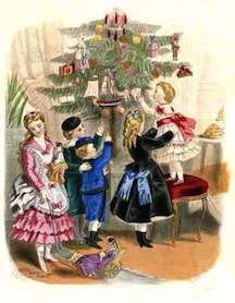 A Godey's Lady's Book image of children decorating a Christmas tree.