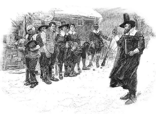 Illustration of Gov. William Bradford putting down the Christmas revels in the earliest days of Massachusetts. (Howard Pyle)