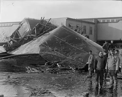 Section of tank after molasses disaster explosion. Photo courtesy Boston Public Library, Leslie Jones Collection.