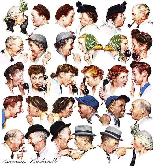 The Gossips. Rockwell's wife Mary is the second and third figure in the third row; Rockwell wears the gray hat in the last row.