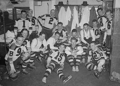 Boston Bruins in the locker room after winning the Stanley Cup, April 16, 1939