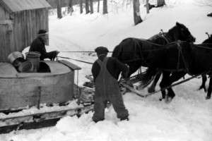 Maple sugaring on the Frank H. Shurtleff farm in North Bridgewater, Vt. in April, 1940.