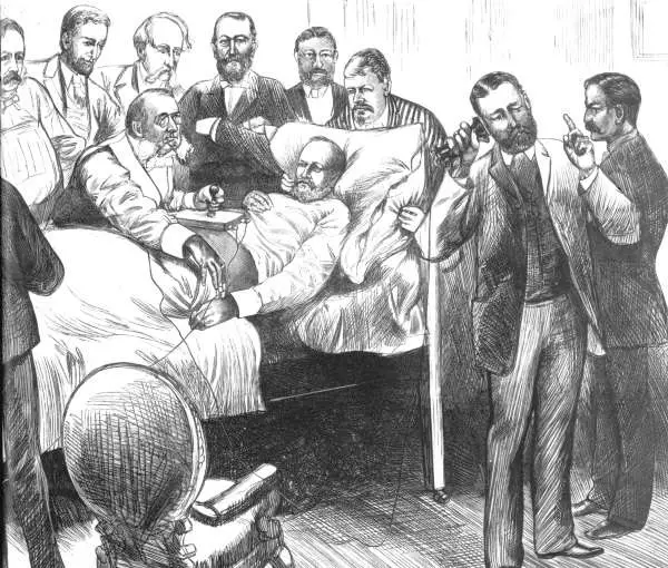 A magazine illustration depicting Alexander Graham Bell's efforts to save the president.