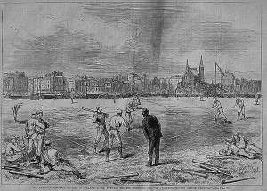 Boston Red Stockings play baseball in England against the Athletic Club of Philadelphia. Woodcut from Harper's Weekly.