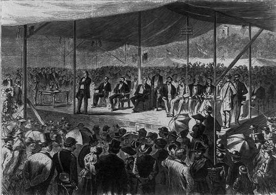 Henry Ward Beecher speaking at Woodstock, Conn, President Grant seated. From a Harper's Weekly engraving courtesy Library of Congress. 
