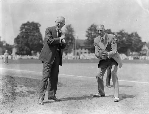 George M. Cohan takes an at-bat as Connie Mack catches, July 10, 1934. Photo courtesy Boston Public Library, Leslie Jones Collection. 
