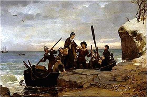 The Landing of the Pilgrims, by Henry A. Bacon, 1877. Thomas Faunce recalled the location of Plymouth Rock in 1741, establishing it forever as a national landmark.