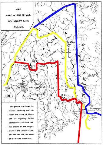 Map of the disputed territory. The blue line represents the American claim, the red the British and the yellow the final boundary.