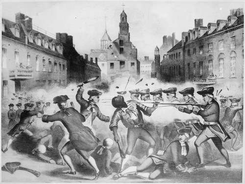 19th-century lithograph of the Boston Massacre, emphasizing Crispus Attucks