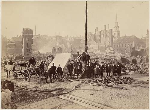 After the Great Fire. The Old South Meeting House is in the background. Photo courtesy Boston Public Library.