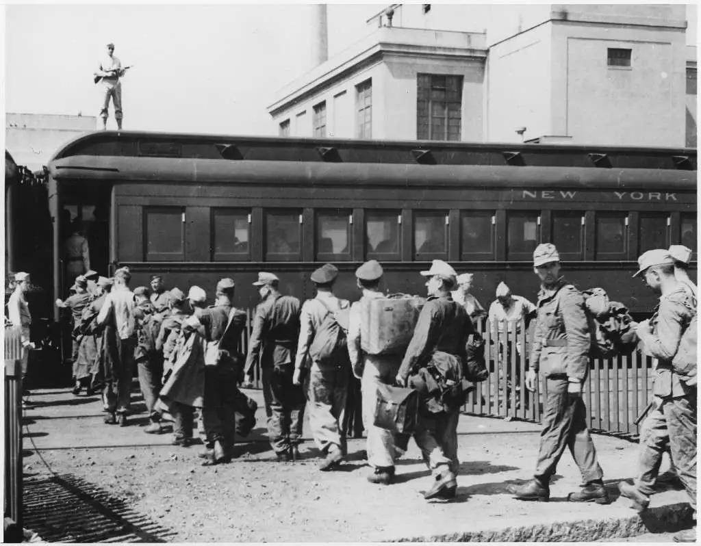German POWs boarding a train in Boston