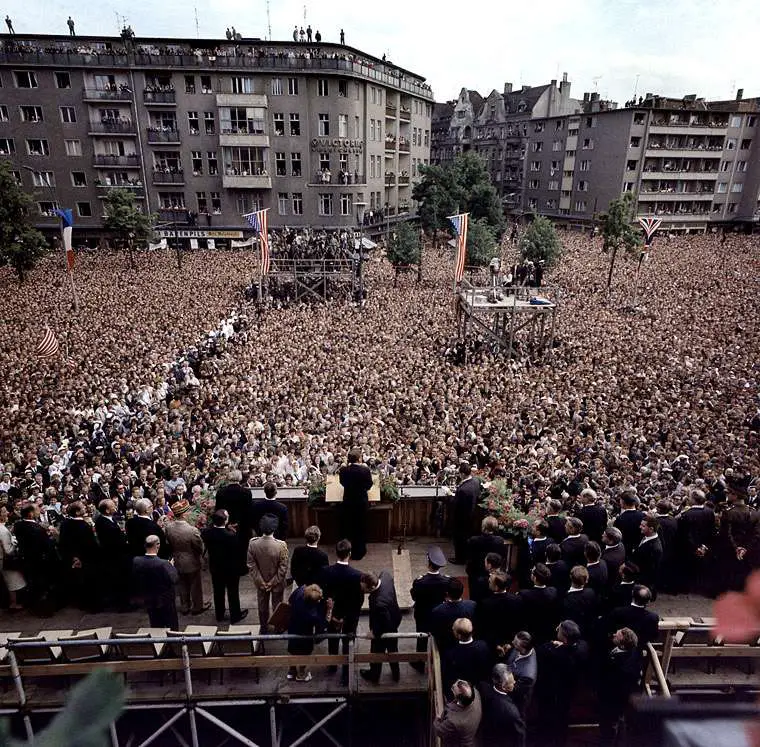 Kennedy's address to the people of West Berlin. Photograph by Robert Knudsen, White House, in the John F. Kennedy Presidential Library and Museum, Boston.