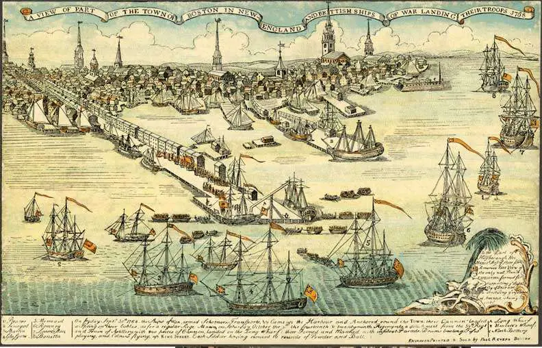 British warships arrive in Boston Harbor. 