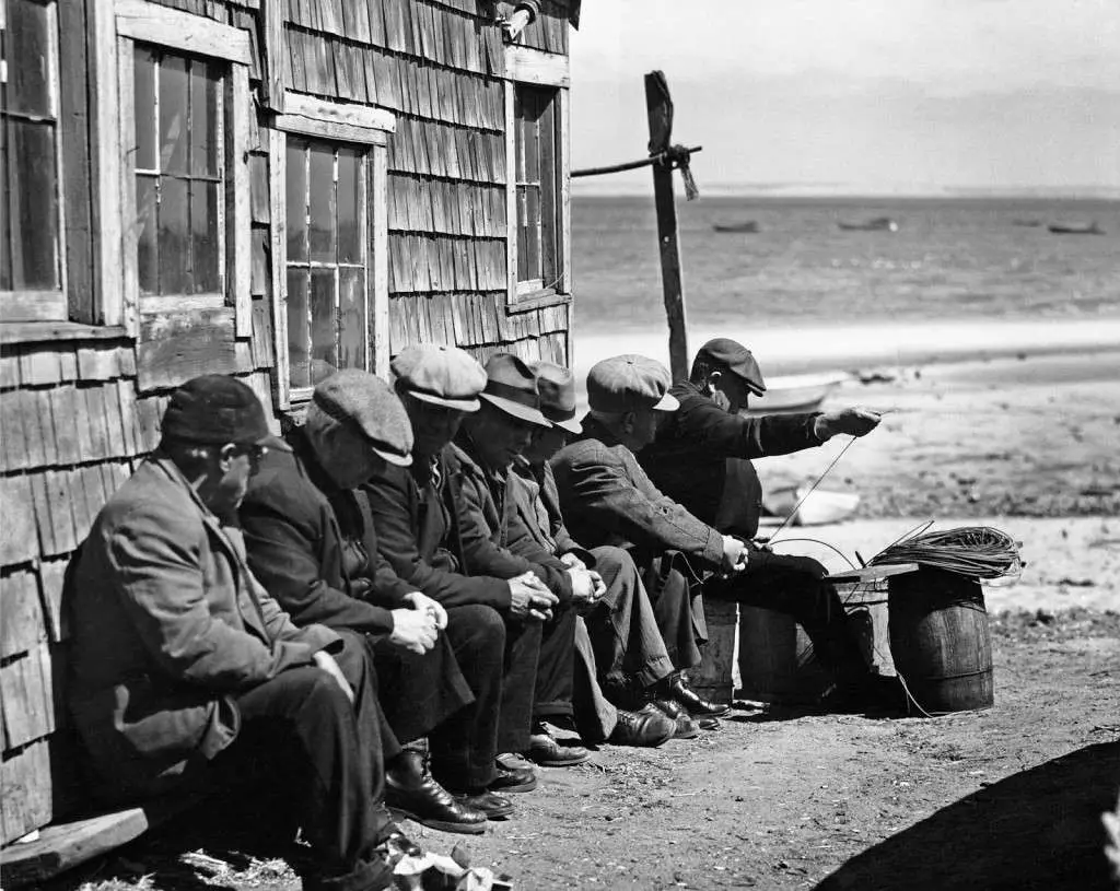 Portuguese dory fisherman gossiping in the sun, Provincetown 1942. Photo courtesy Library of Congress.