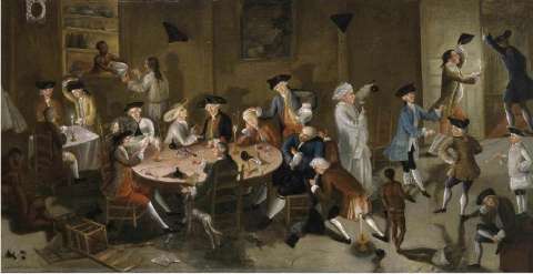 Esek Hopkins in happier times, depicted with other Rhode Island sea captains in the painting in "Sea Captains Carousing in Surinam" from 1755 (he is second from the left at the table). By John Greenwood.