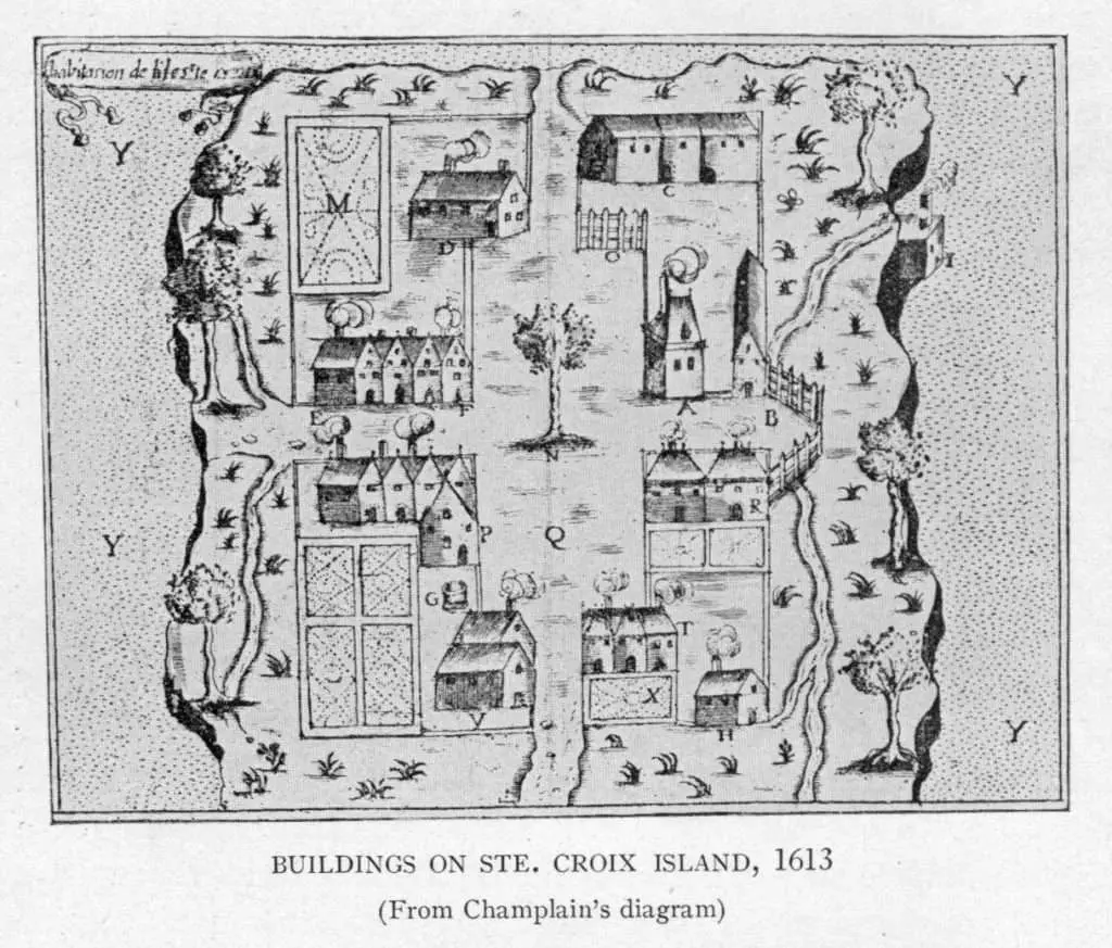 st. croix island Buildings_on_Saint_Croix_Island_-_circa_1613_-_Project_Gutenberg_etext_20110