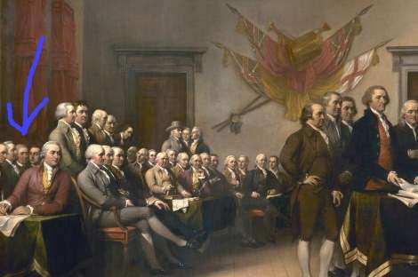Detail from John Trumbull's 'The Declaration of Independence. Arrow points to Bartlett. 