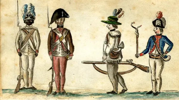Watercolor of Continental Army soldiers, including a Black infantryman